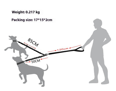 Black double-ended pet traction rope with reflective stitching, two elasticized leash segments, and metal snap hooks. - Image 7