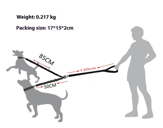 Black double-ended pet traction rope with reflective stitching, two elasticized leash segments, and metal snap hooks. - Image 7