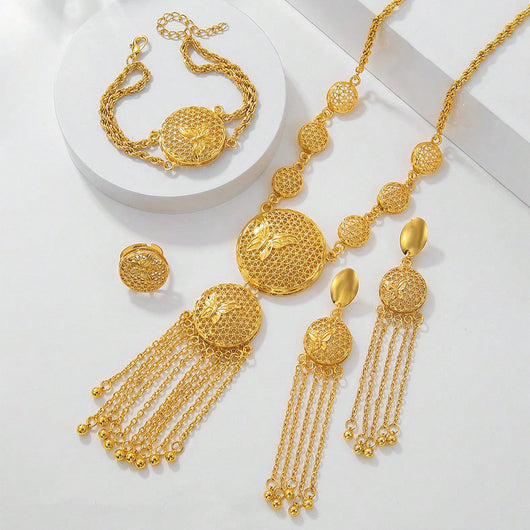 Gold butterfly jewelry set with filigree design, including a necklace, tassel earrings, bracelet, and ring. - Image 2