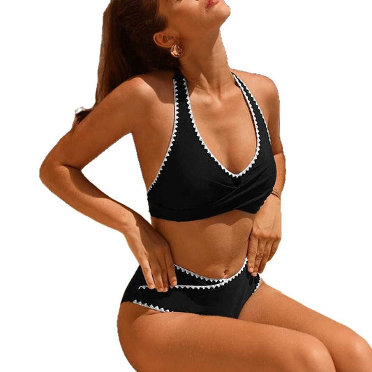Black two-piece swimsuit with white scalloped trim, featuring a halter neck wrap-front top and high-waisted bottoms. - Image 2