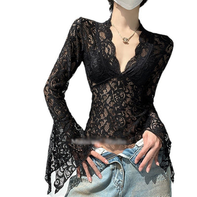 Blusa Retro de Encaje Semitransparente con Parches de Manga Larga - Image 5