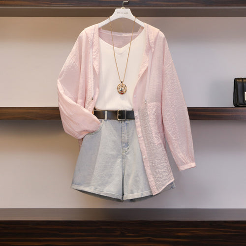 Conjunto Retro de Shorts Denim y Blusa Protectora Anti-UV