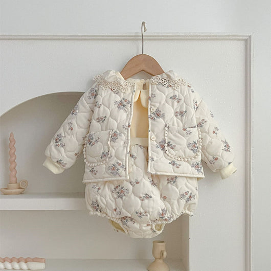 Traje de Bebé Niña Estilo Coreano Invierno con Encaje y Bolsillos - Conjunto Dos Piezas