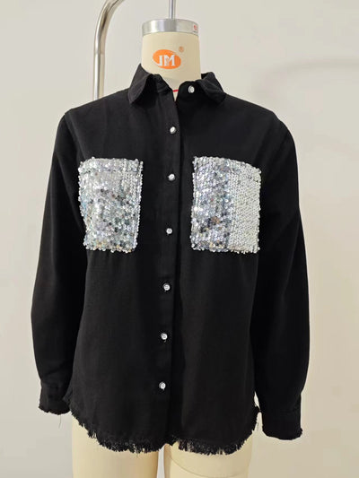 Camisa Denim Suelta con Bolsillos Lentejuelados para Mujer - Image 16