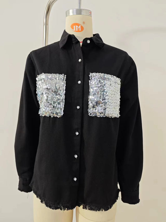 Camisa Denim Suelta con Bolsillos Lentejuelados para Mujer - Image 16