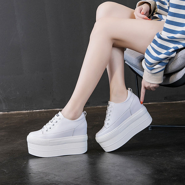 Zapatos de Mujer con Suela Gruesa Elevada y Cordones - Cuero Premium