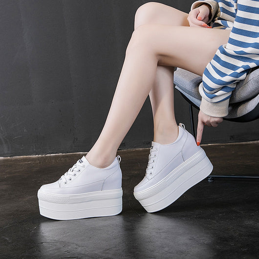Zapatos de Mujer con Suela Gruesa Elevada y Cordones - Cuero Premium
