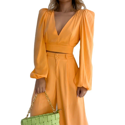 Conjunto Elegante de Blusa V-Neck y Pantalón Wide Leg de Cintura Alta - Image 10