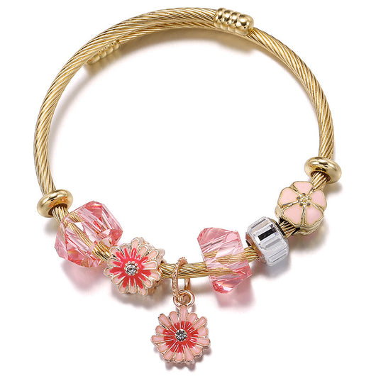 Pulsera de Acero Inoxidable con Dije Floral Mosaico Dorado - Image 4