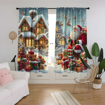 Christmas curtain with a snowy village scene, Santa Claus, flying reindeer, and piles of wrapped gifts. - Image 21