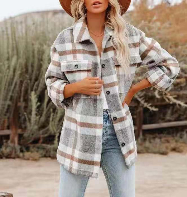Chaqueta de Lana Cuadros para Mujer Manga Larga Suelta