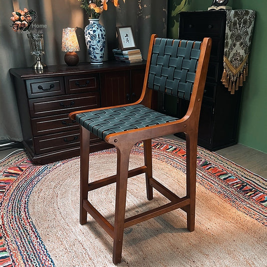 Taburete Alto de Cuero Vintage con Asiento de Silla de Madera Maciza - Image 2