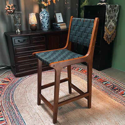 Taburete Alto de Cuero Vintage con Asiento de Silla de Madera Maciza - Image 2