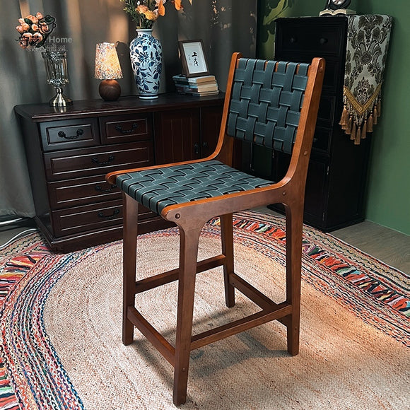 Taburete Alto de Cuero Vintage con Asiento de Silla de Madera Maciza