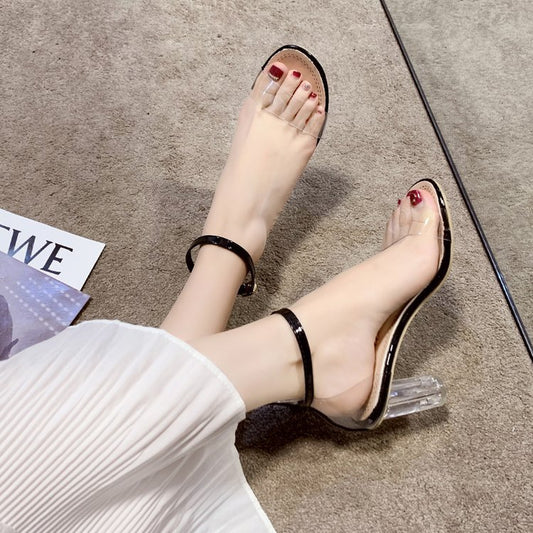 Sandalias Transparentes con Tacón Chunky de Cristal y Hebilla