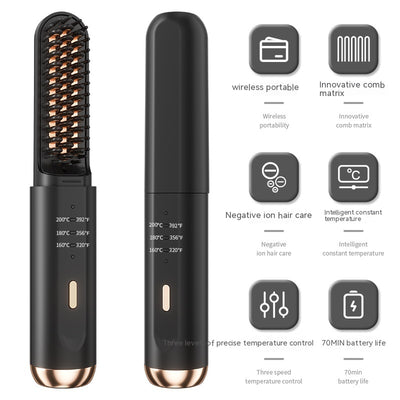 Black and rose gold wireless negative ion straight hair comb with three temperature settings and a sleek, portable design. - Image 5