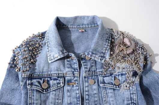 Chaqueta de Mezclilla con Flores Bordadas de Manga Larga - Image 11