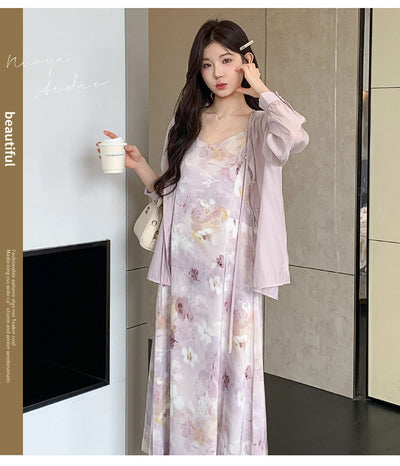 Conjunto Dos Piezas: Vestido Slip Estampado Morado con Cardigan Suave - Image 6