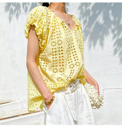 Blusa Bordada Estilo Vacacional Manga Corta Diseño Francés de Verano - Image 23