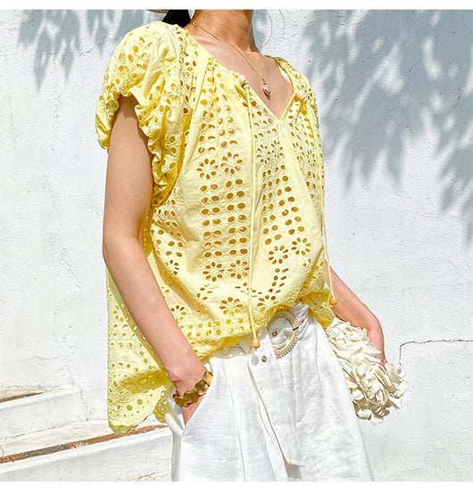 Blusa Bordada Estilo Vacacional Manga Corta Diseño Francés de Verano - Image 23