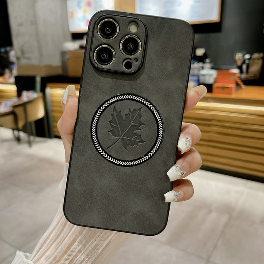 Funda Magnética para Celular en Cuero de Cordero con Diseño de Hoja de Arce - Image 4