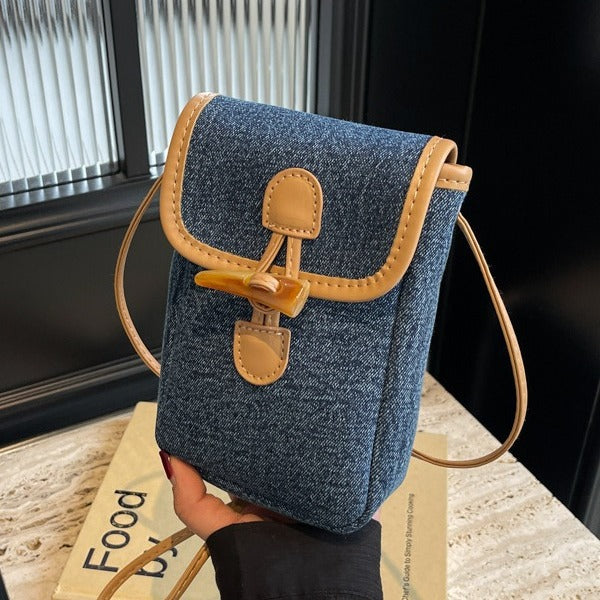 Bolsa Mensajera de Mezclilla Vertical con Botón de Cuerno para Celular Mujer