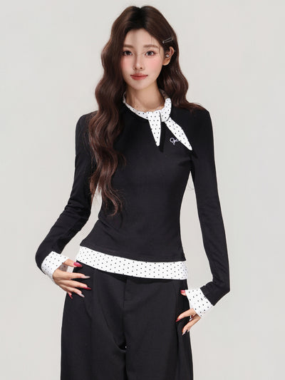 Blusa Negra con Lunares y Moño - Efecto Dos Piezas, Manga Larga - Image 6