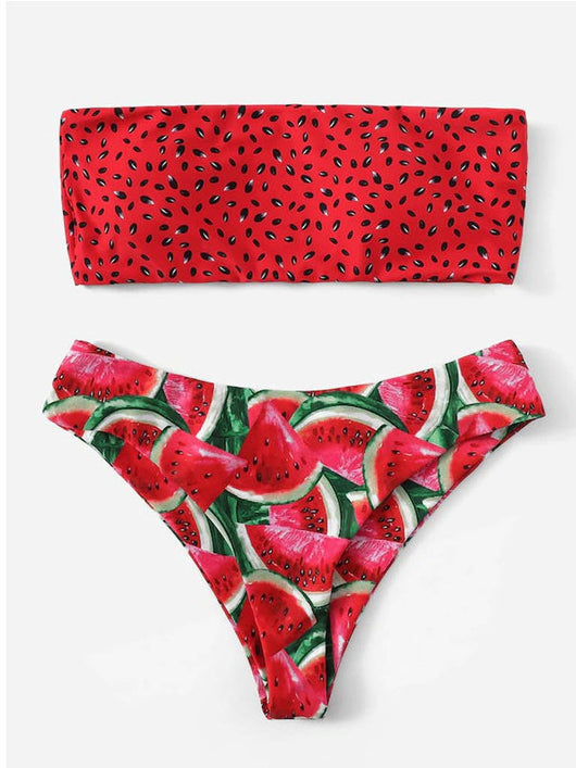 Red bandeau bikini top with black watermelon seed print and high-waisted bottoms with watermelon slice pattern. - Image 9