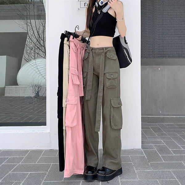 Pantalones Cargo Sueltos Vintage Americano con Múltiples Bolsillos y Detalles Desgastados