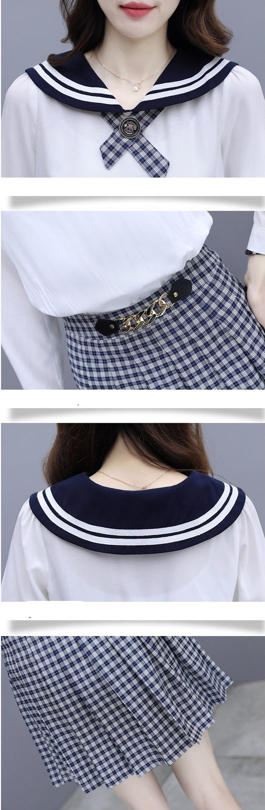 Conjunto Dos Piezas: Blusa Navy con Cuello y Falda Plisada a Cuadros - Image 11