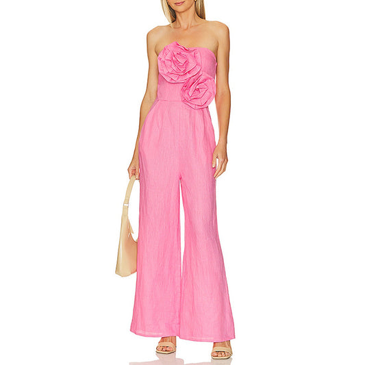 Jumpsuit Floral con Costura, Cintura Alta y Piernas Anchas Reductoras