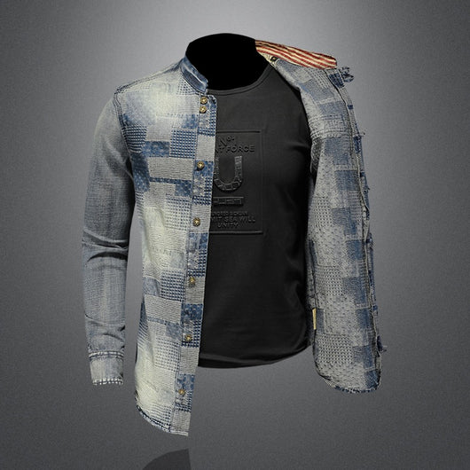 Camisa Denim Punk con Parches de Colores Retro para Hombre - Image 4