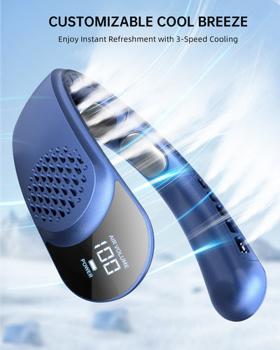 Dark blue U-shaped neck fan with air vents, small fan grilles, and a rose gold accent ring. - Image 21