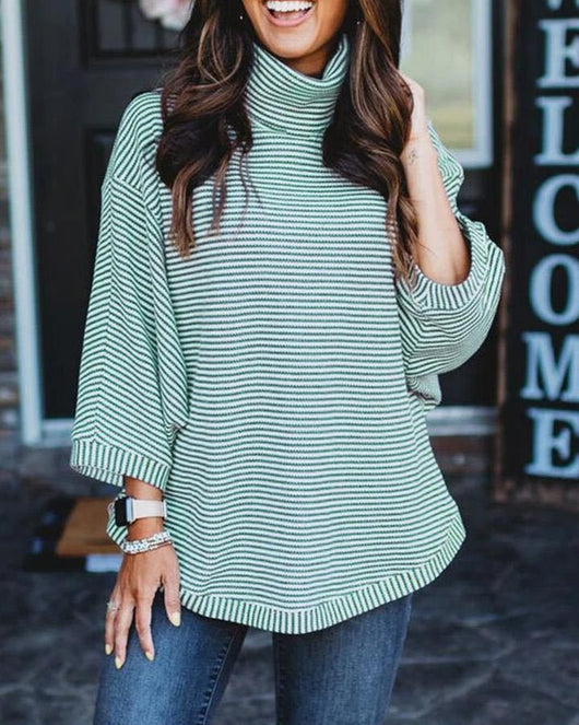 Blusa Casual de Cuello Alto con Estampado a Rayas para Mujer - Image 5