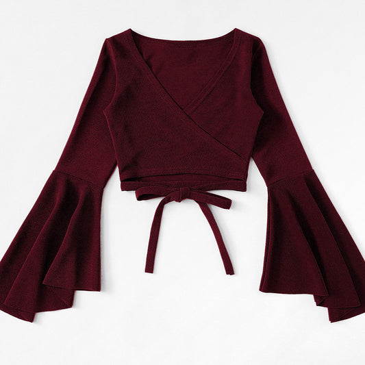 Blusa Crop Top Manga Murciélago Rojo Oscuro para Otoño e Invierno
