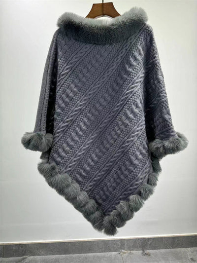 Poncho Tipo Capa de Punto Grueso con Cuello de Pelaje - Image 37