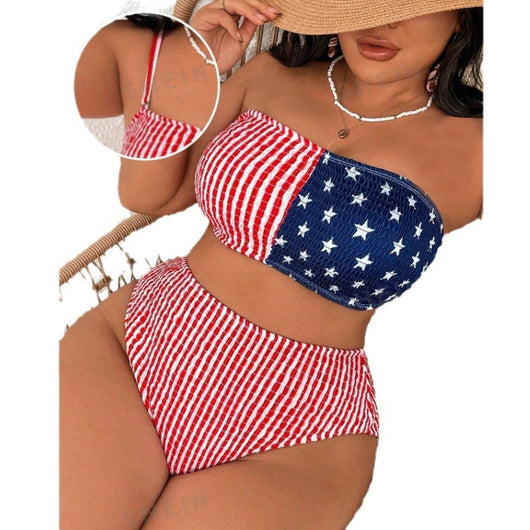Women's two-piece bikini swimsuit with an American flag design, featuring a shirred bandeau top and high-waisted bottom. - Image 9