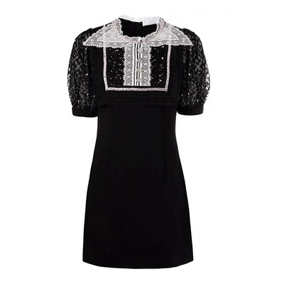 Vestido Slim con Encaje de Malla y Manga Abullonada Brillante - Image 7