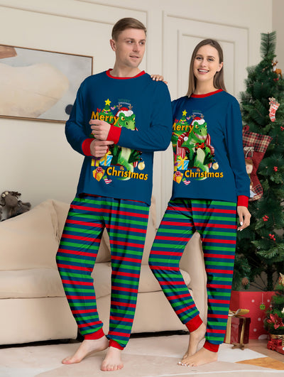 Child's blue long-sleeve Christmas pajamas with a dinosaur graphic and red and green striped pants. - Image 11