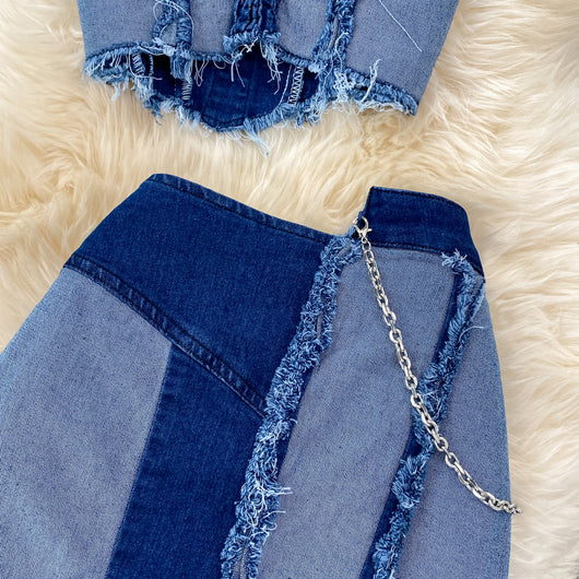 Conjunto Denim Tube Top con Falda Corta Irregular - Image 21