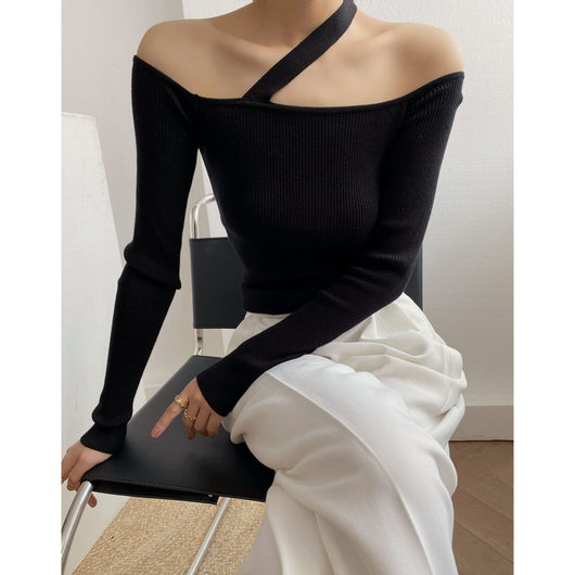 Suéter Tejido de Diseño Francés Elegante Hombros Descubiertos - Image 9