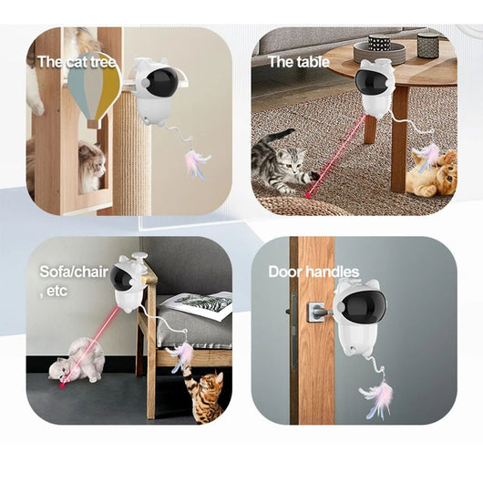 White cat-shaped intelligent laser toy with a black visor and a colorful feather wand attachment for pets. - Image 11