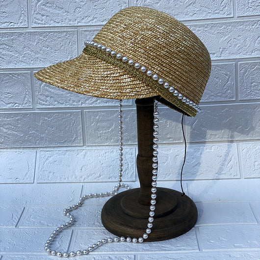 Sombrero de Paja Negro con Cadena de Perlas Artesanal - Image 6