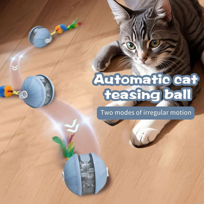 Light blue and white automatic rolling cat toy ball with a purple faux tail, featuring a power button.