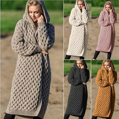 Cardigan Suéter Largo Mujer con Capucha en Colores Sólidos