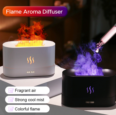 Black aroma diffuser with purple flame light effect and mist, featuring control buttons and a flame icon.