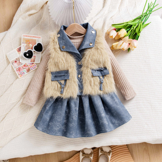 Conjunto de Tres Piezas Estilo Princesa: Suéter Tejido, Falda Denim y Accesorios