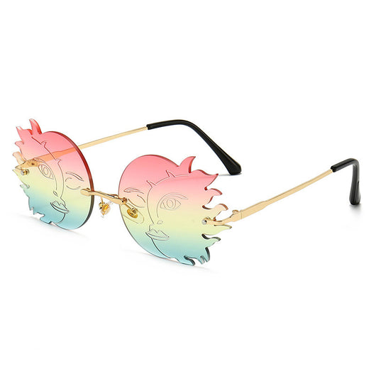 Orange sun-shaped rimless sunglasses with gold metal frames and black earpieces, featuring a smiling face design. - Image 12