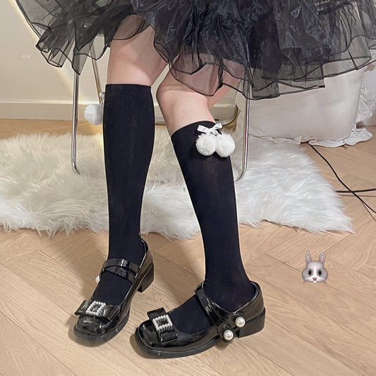 Calcetines de Encaje Estilo Lolita con Moño y Pompón de Pelaje para Otoño