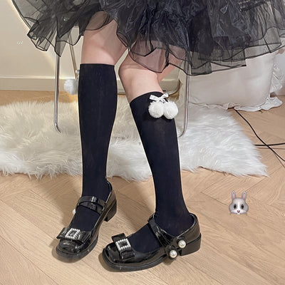 Calcetines de Encaje Estilo Lolita con Moño y Pompón de Pelaje para Otoño